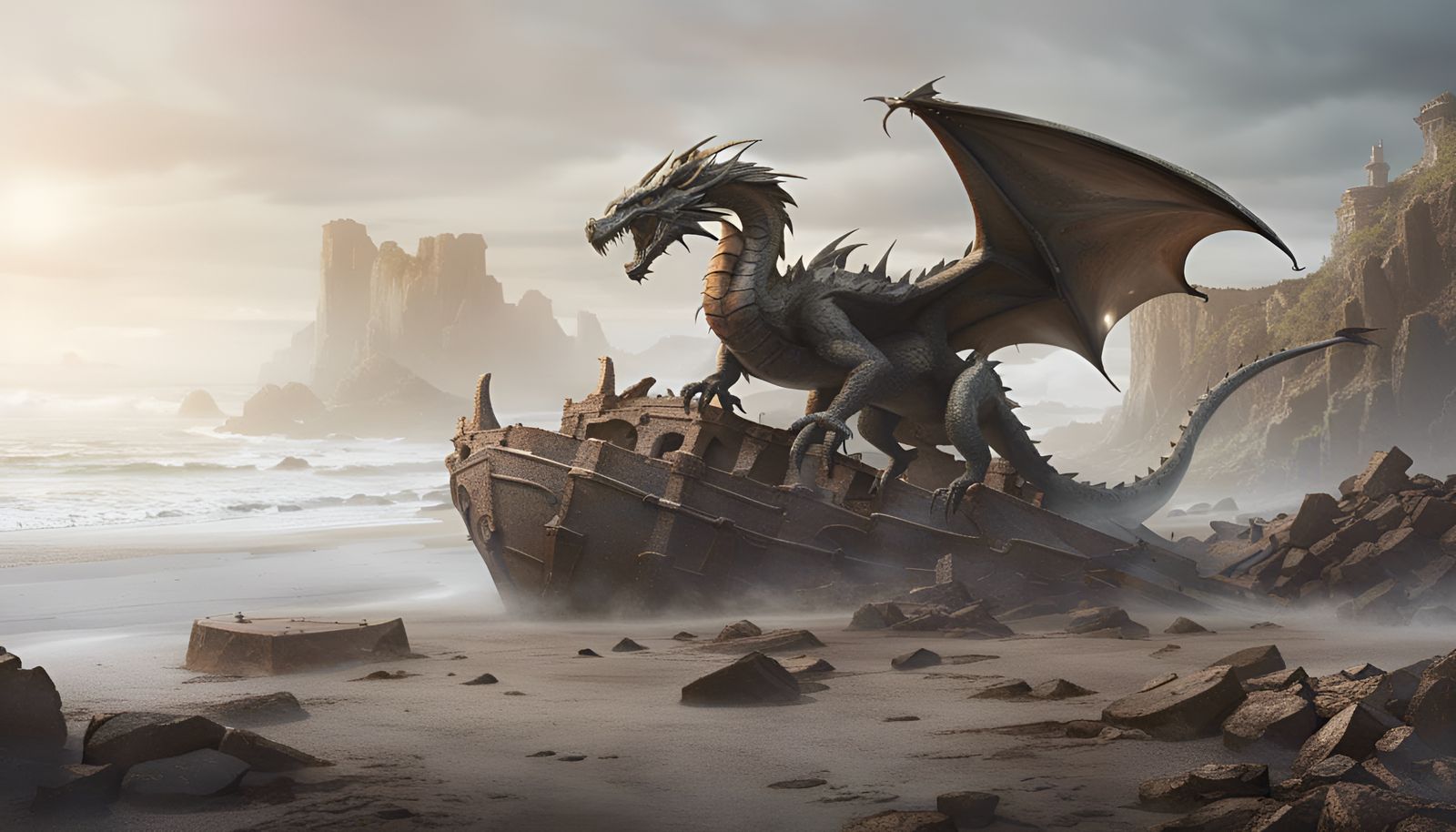 Bronze Dragon on Rocky Beach in Hyperreal Style