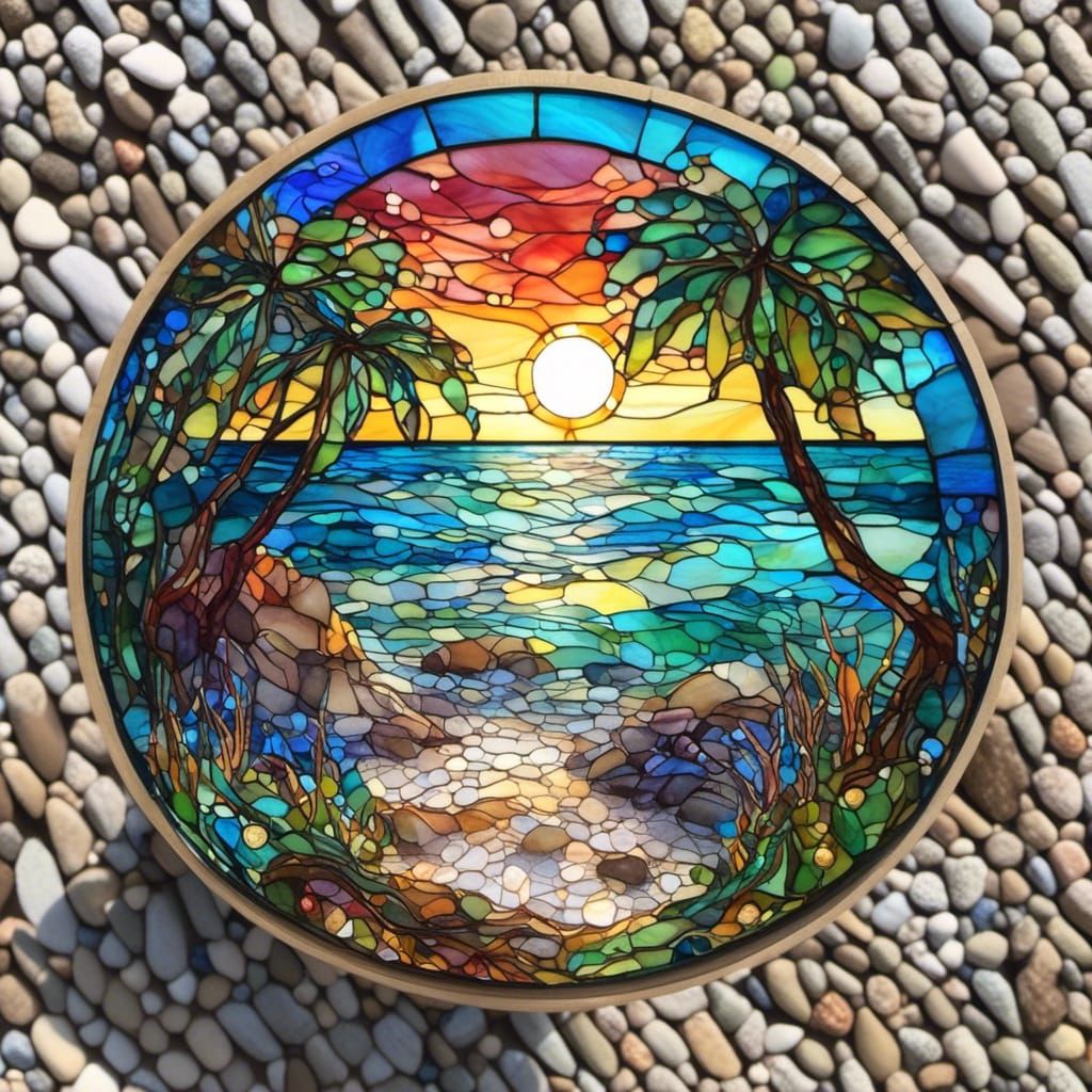 Tropical Beach Sunset in Stained Glass Style