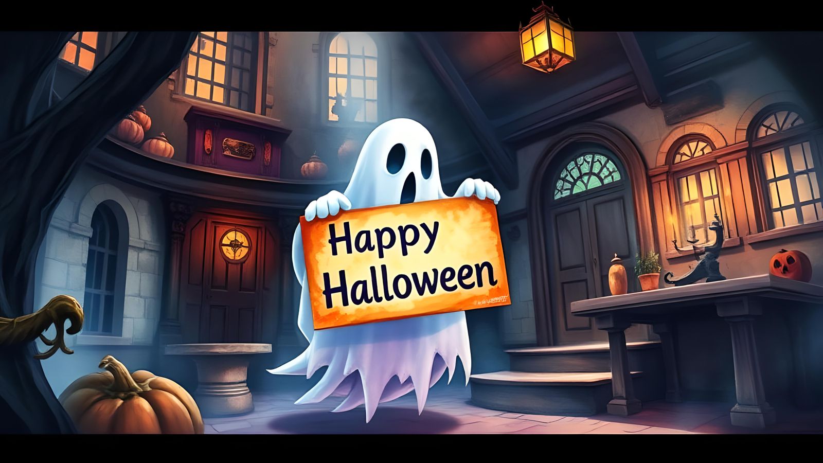 Watercolor Ghost in Haunted House: Halloween Art