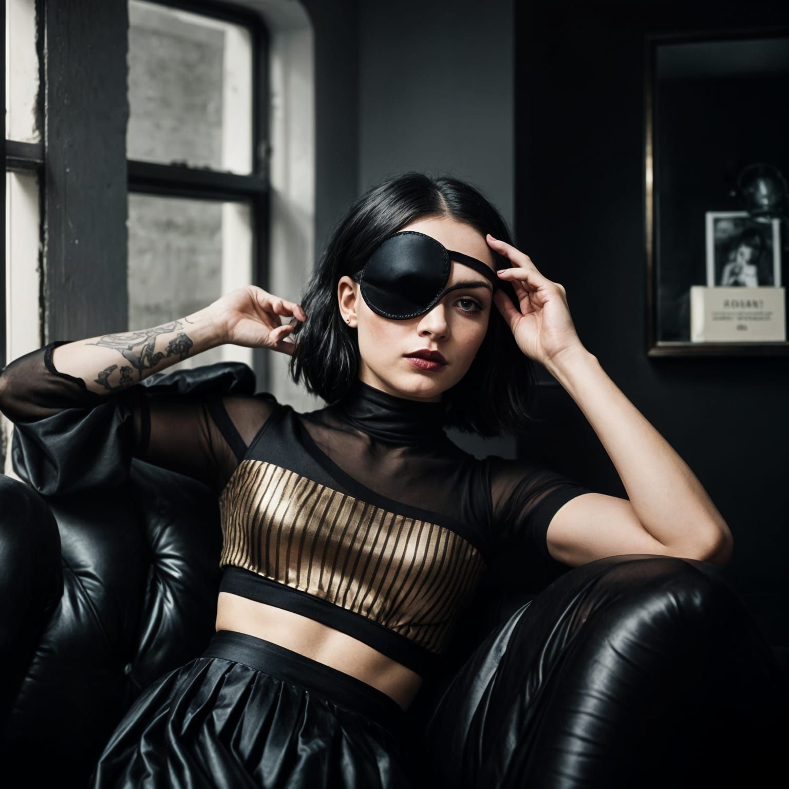 Eyepatch Woman Relaxing in Modern Loft: Fine Art Photography