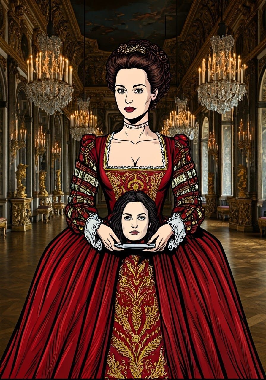 Pop Art Woman in Burgundy Red French Renaissance Gown with H...