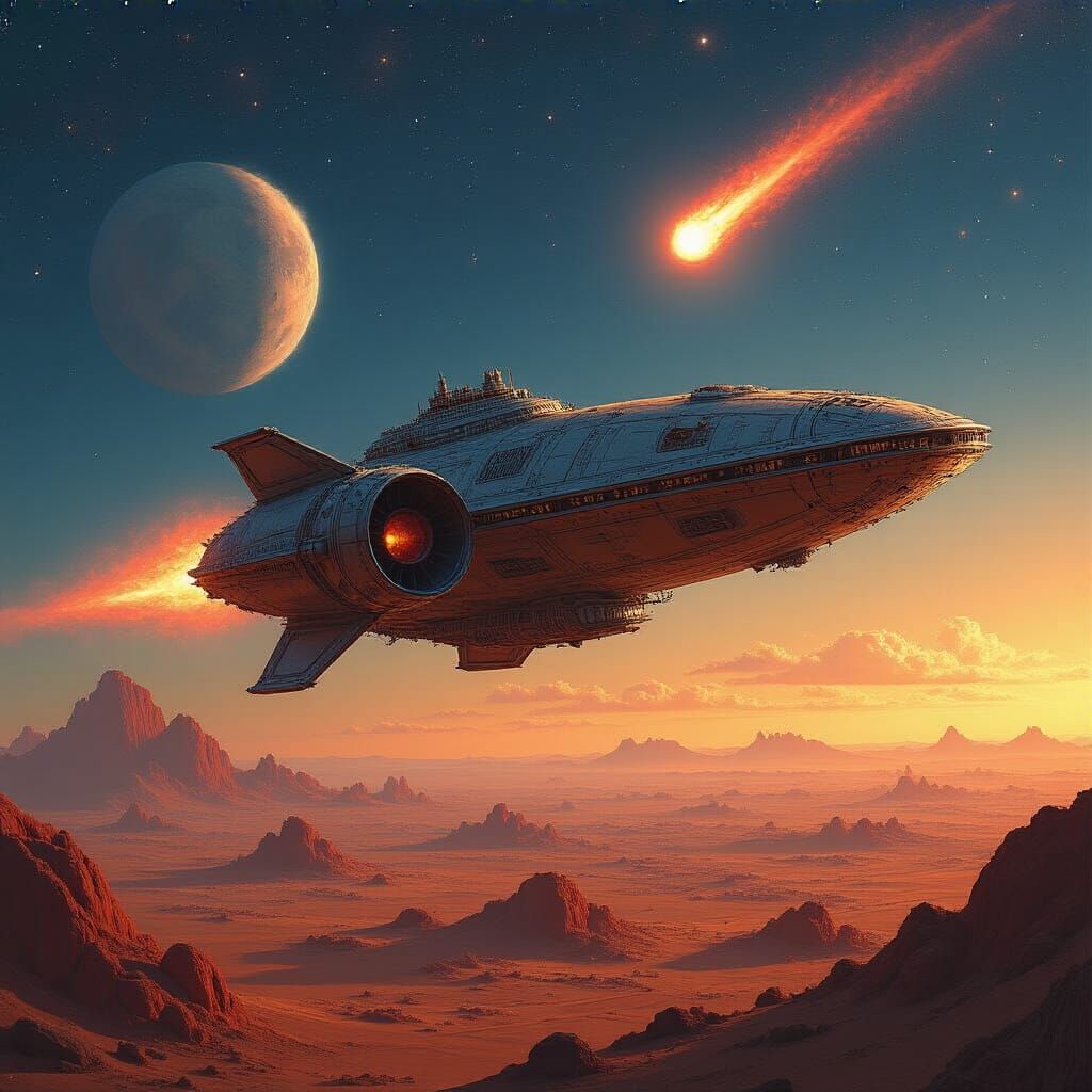 Spaceship Orbiting Mars in Hyperrealistic Digital Art