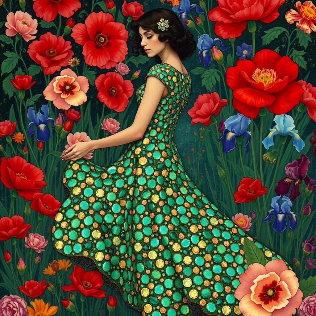 Art Nouveau Woman in Mirrored Dress with Vibrant Flowers