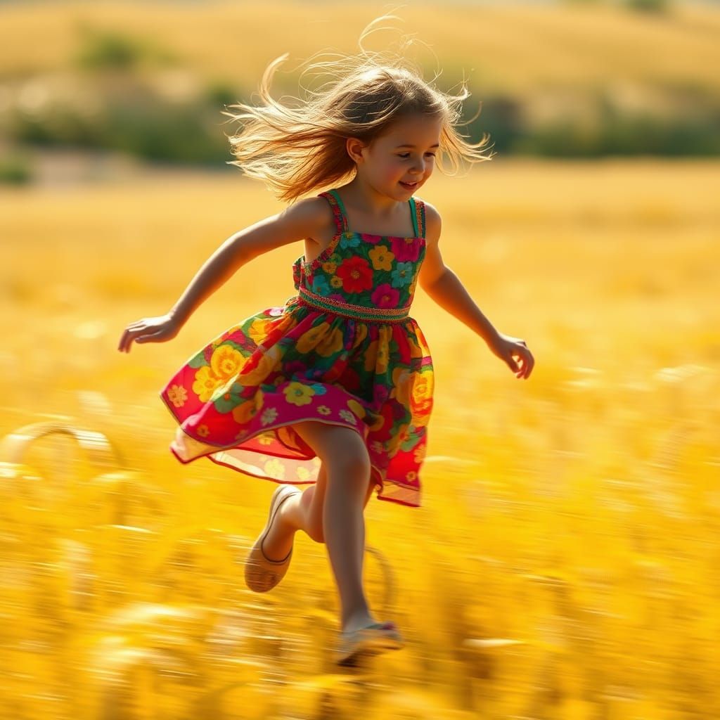 Girl Running Through Wheat Field in Impressionistic Style
