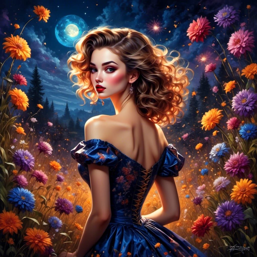 Woman in Flower Field Under Fireworks, Expressionist Oil Pai...