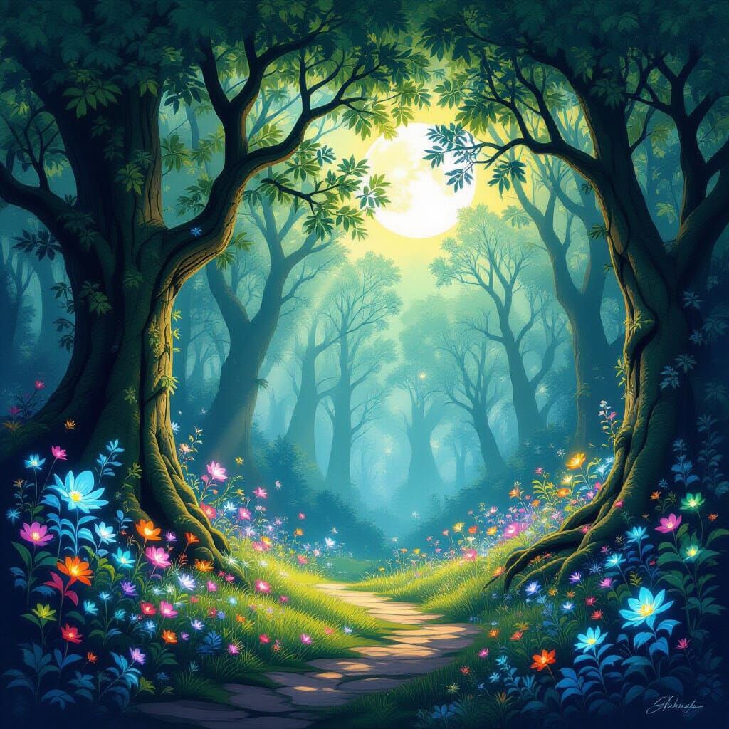 Whimsical Mystical Forest Clearing Digital Painting