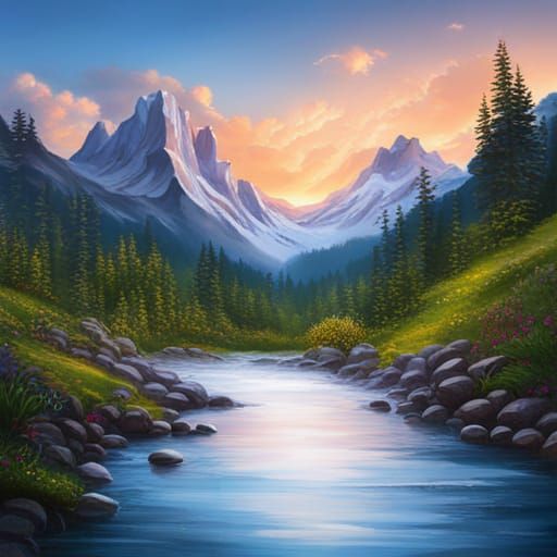 Scenic Waterfall Flowing Through Mountains