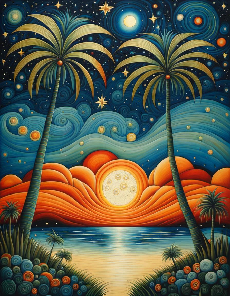 Palm Trees in Art Brut Style, Starry Sky
