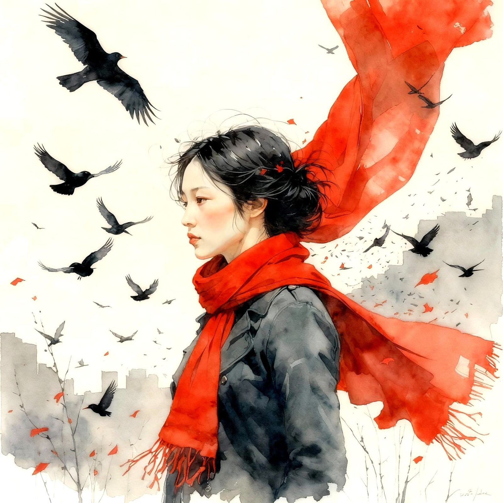 Vibrant Red Scene Captured in Watercolor