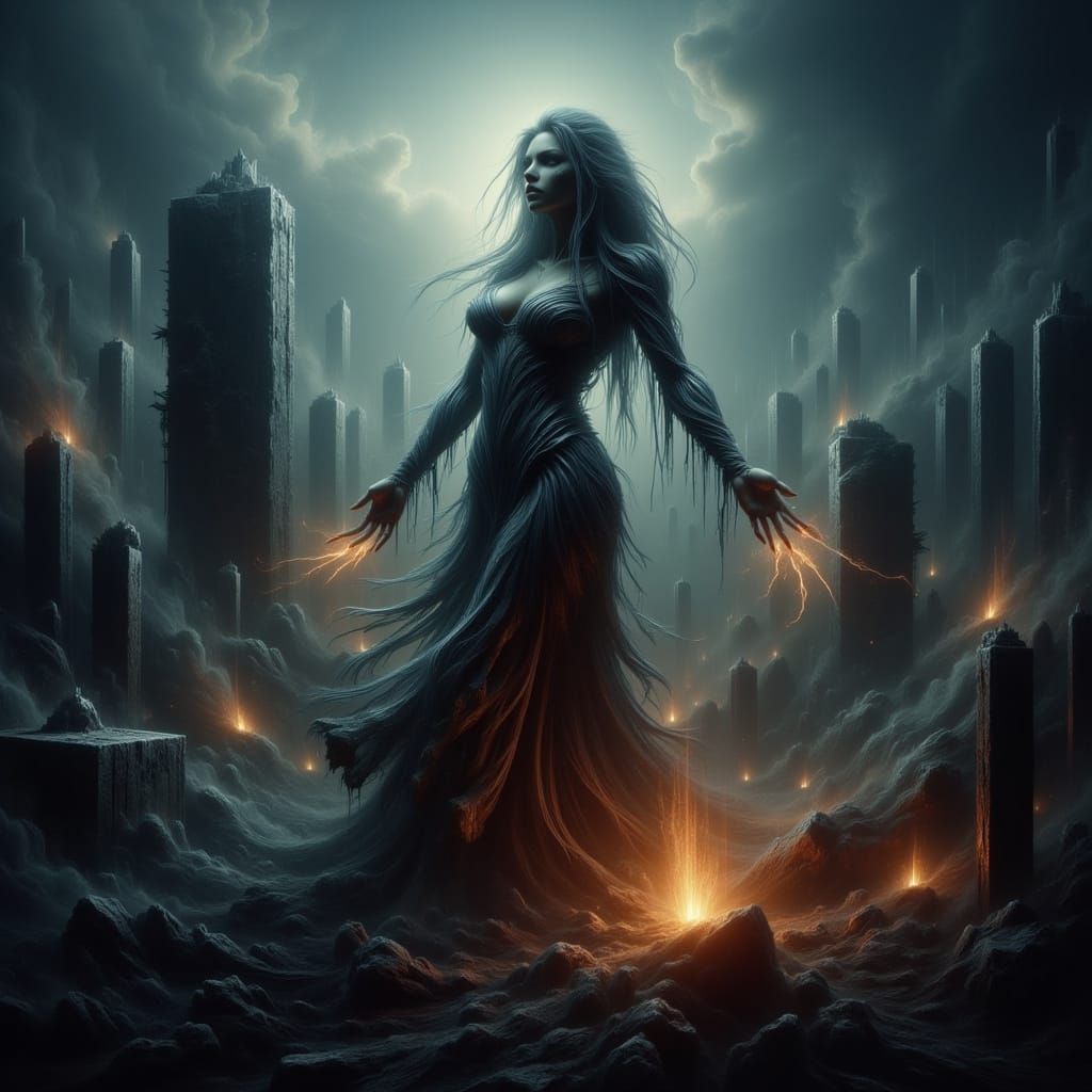 Woman Scrambling at Grave in Misty Graveyard