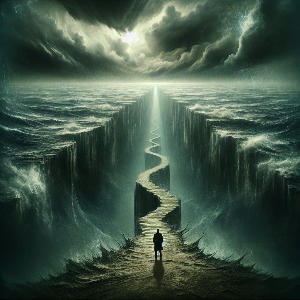 Figure Hesitates on Path to Stormy Sea Precipice