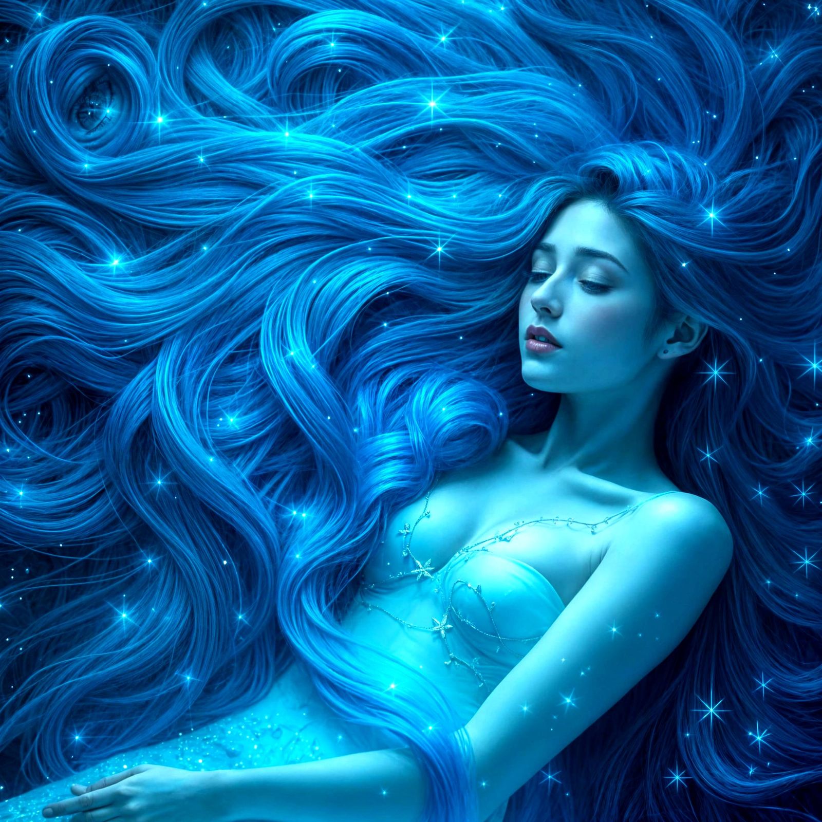 Enchanting Blue-Haired Siren in Ethereal Glow