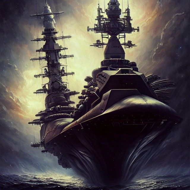 Steampunk Battleship in Sinister Oil Painting Style