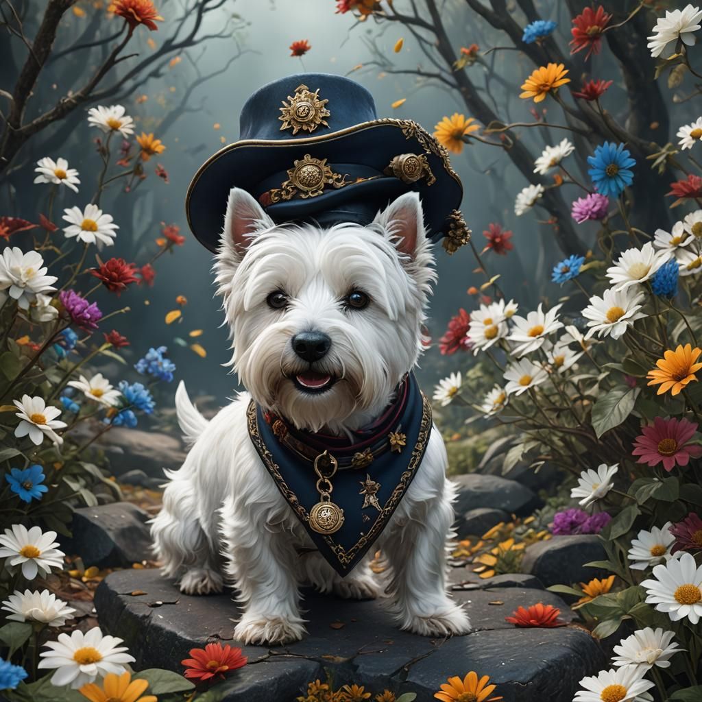 Westie Dog in Hat: Detailed Fantasy Art