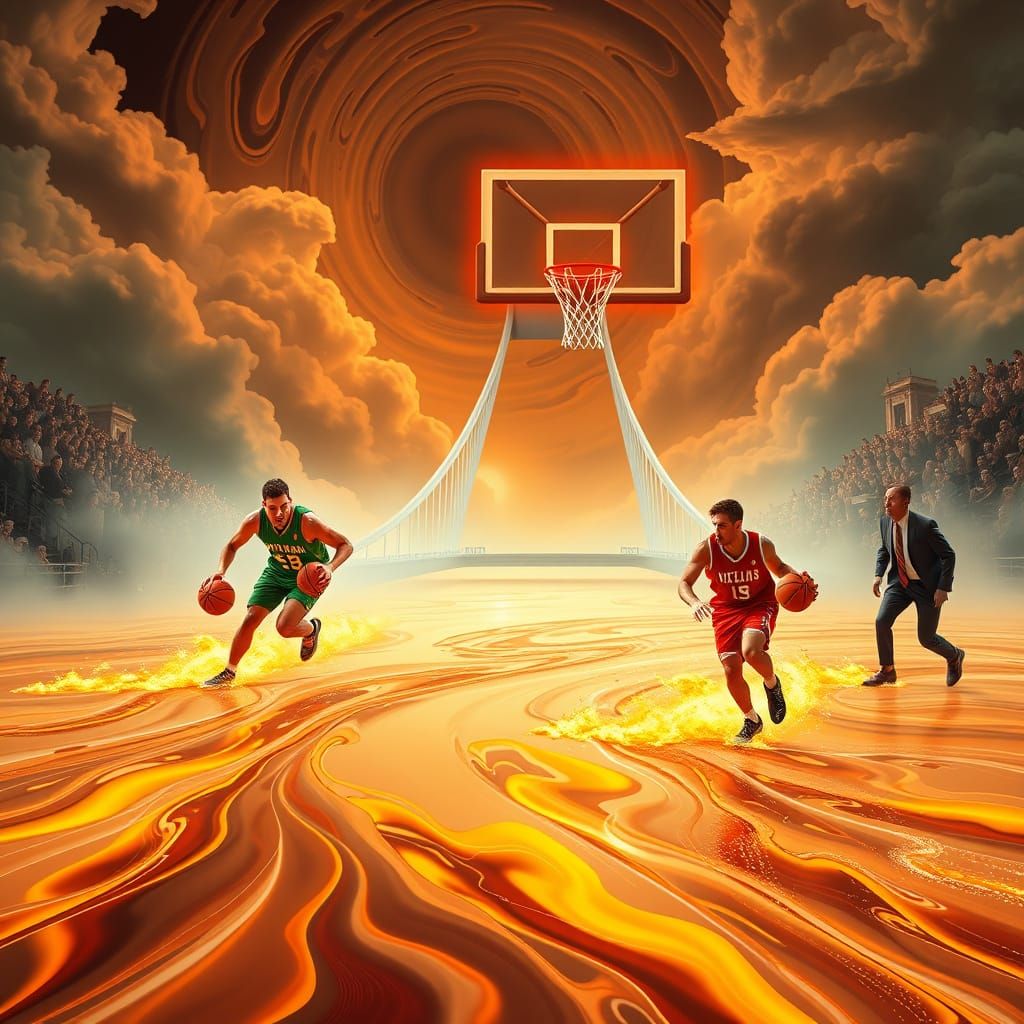 Lithuanian Basketball Players Dribbling Flaming Balls: Neon ...
