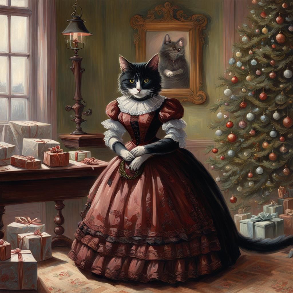 Victorian Cat Opening Christmas Presents