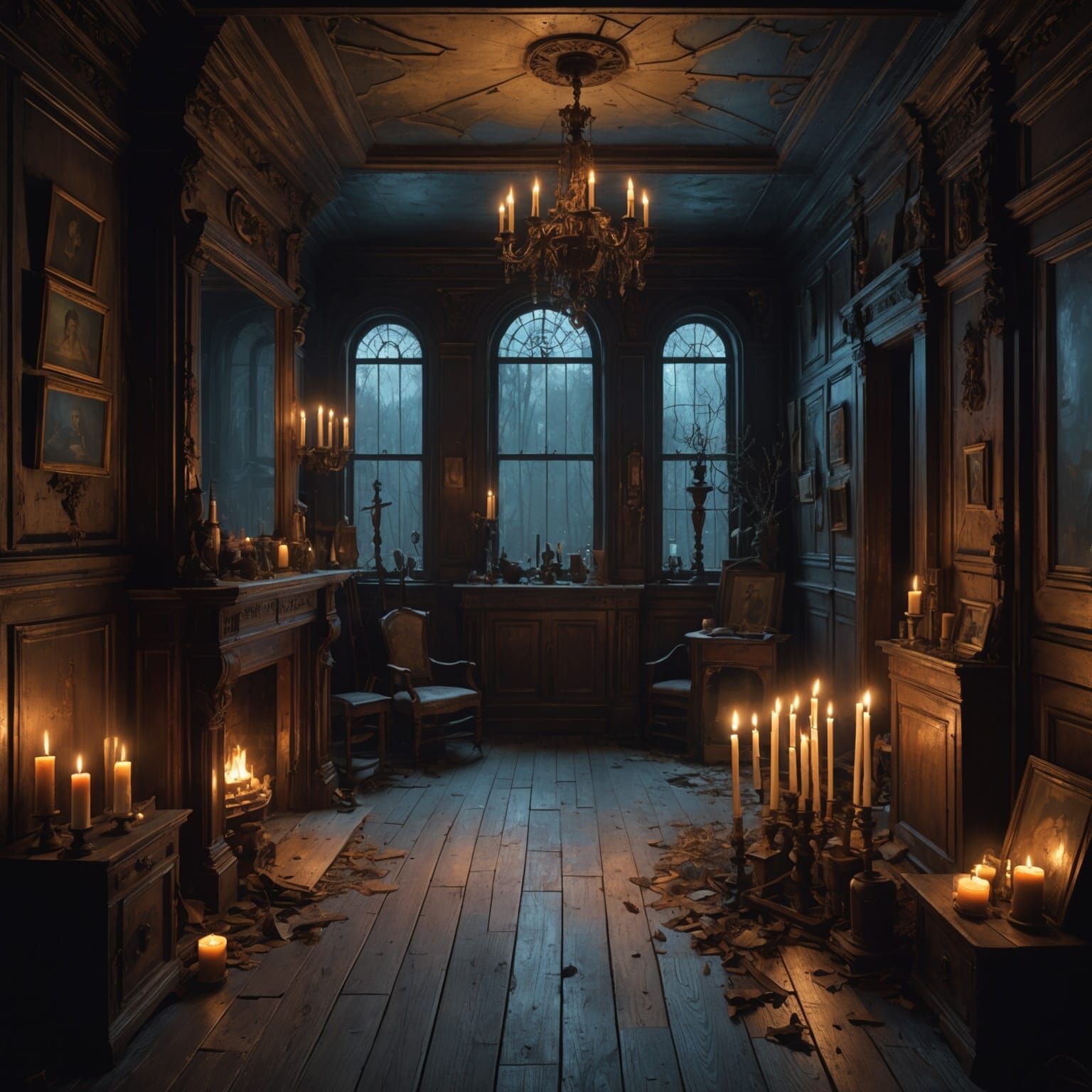 Spooky Haunted House Interior with Ghostly Apparitions