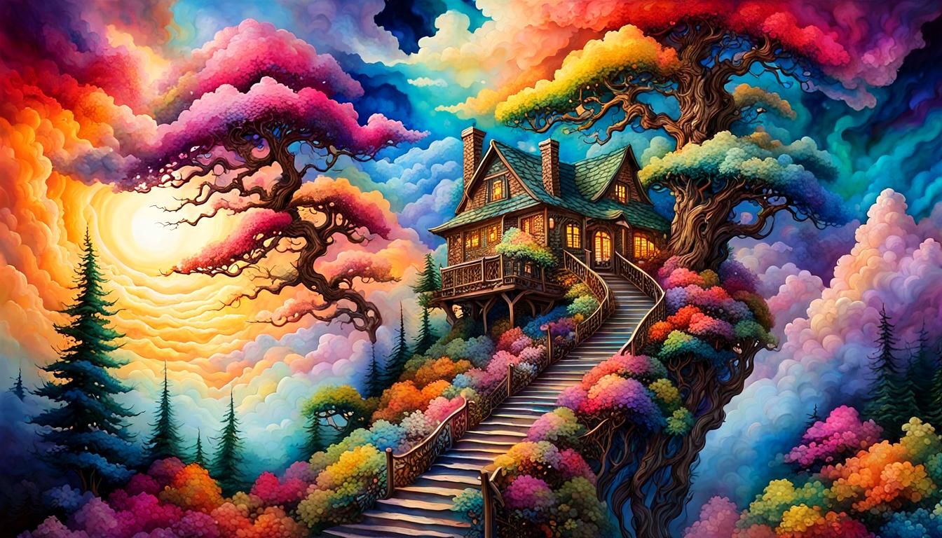 Whimsical Cloudscape with Floral Staircase in Surreal Style