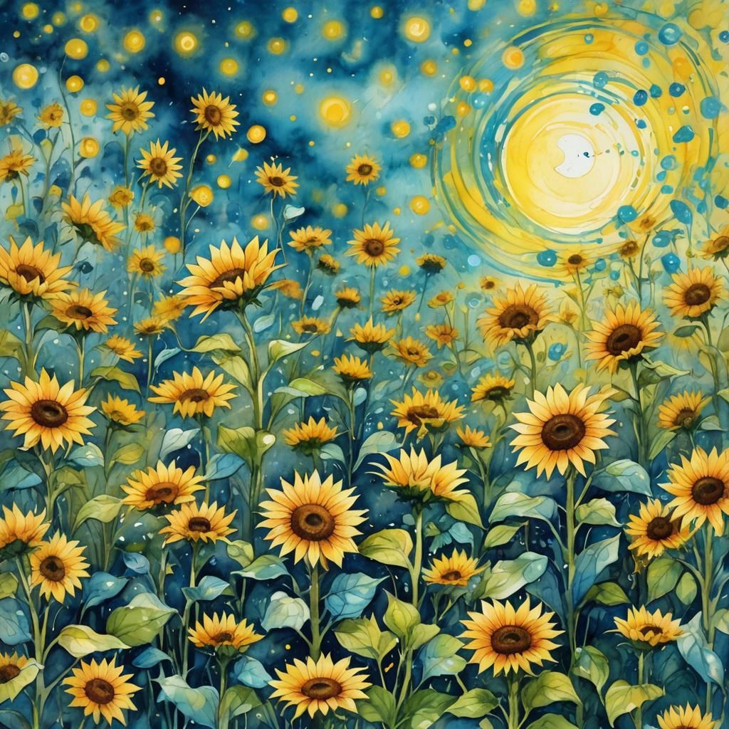 Sonnenblumenfeld im Mondschein