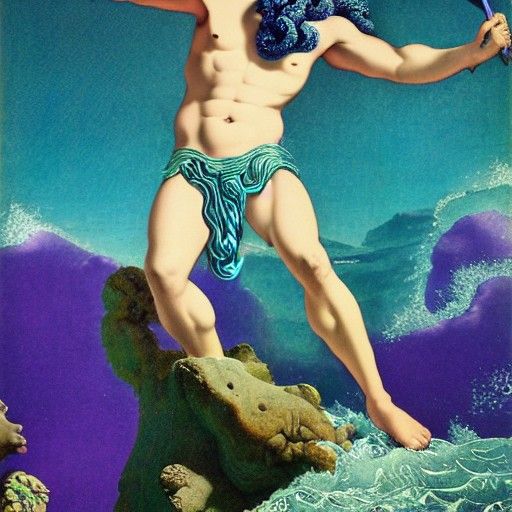 Poseidon, God of the Sea, Wielding Trident in Renaissance St...