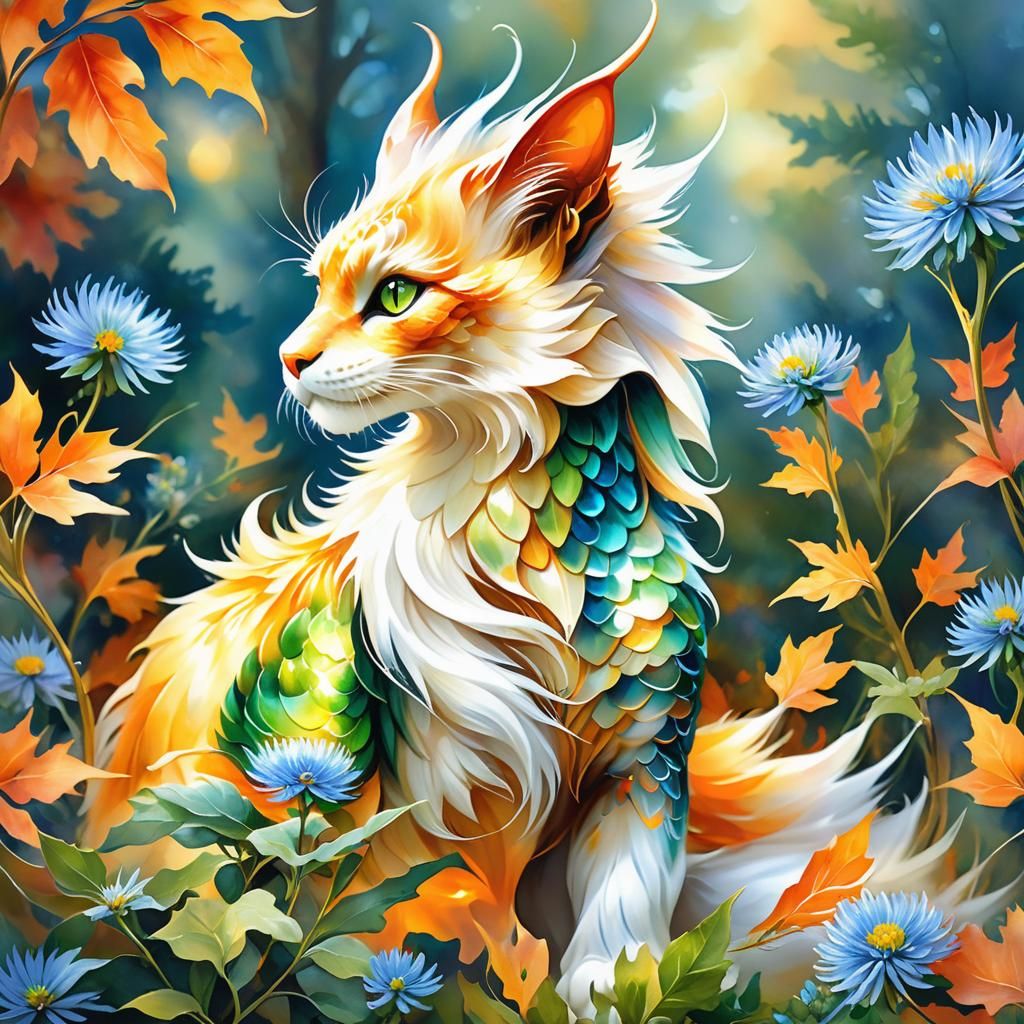 Dragon-Cat in Autumnal Forest: Aquarelle Painting