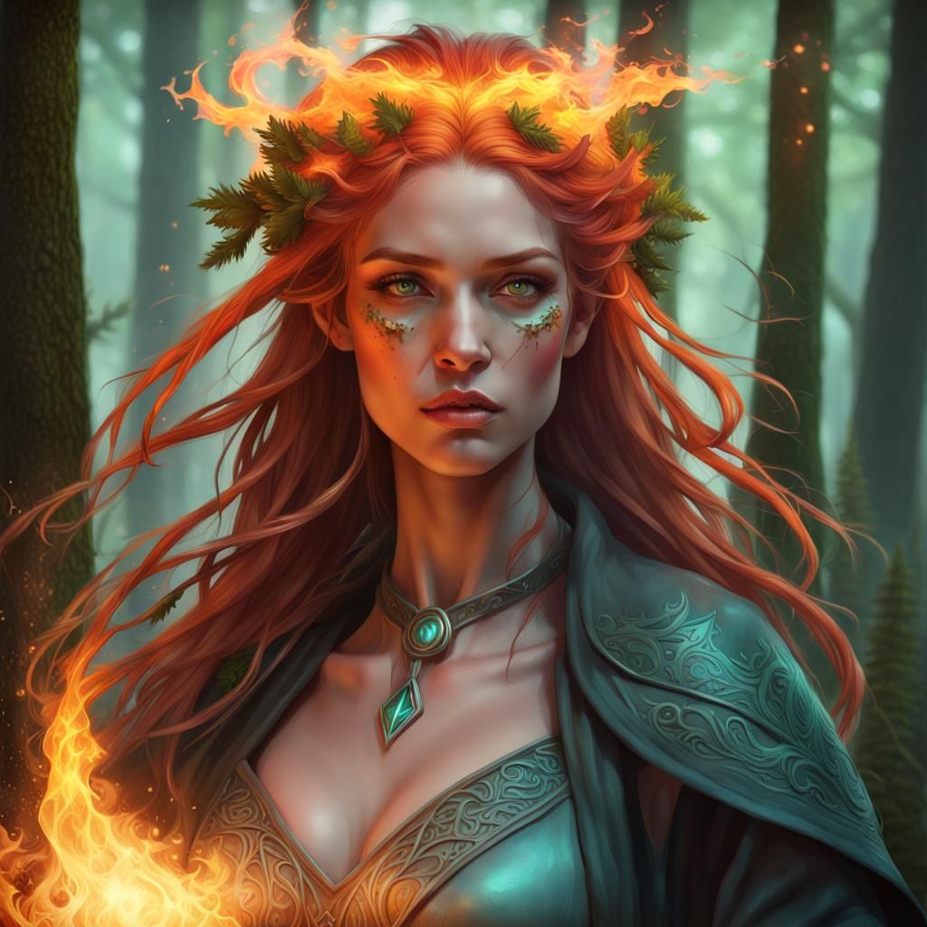 Druidic Sorceress Casting Spell in Magical Forest