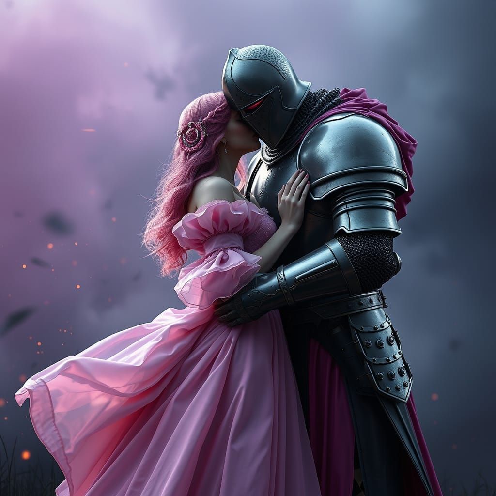 Knight in Gothic Pink Armor Kisses His Lady in a Fantastical...