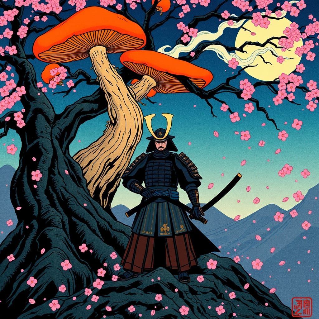 Samurai Under a Radiant Orange Mushroom Tree, in Ukiyo-e Sty...