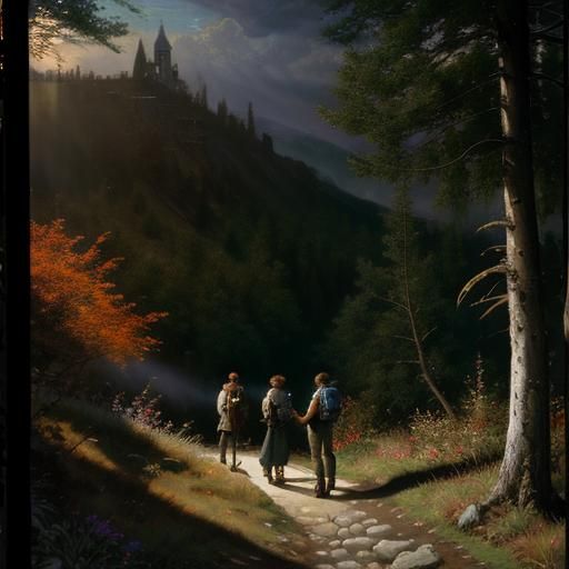 Friends Hiking in Sunny Countryside: Hyperrealistic Illustra...