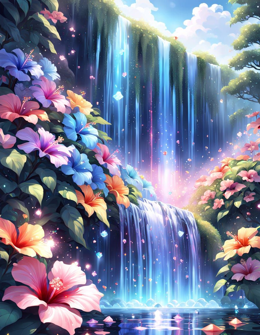 Rainbow Hibiscus and Crystal Waterfall: 3D Anime Art