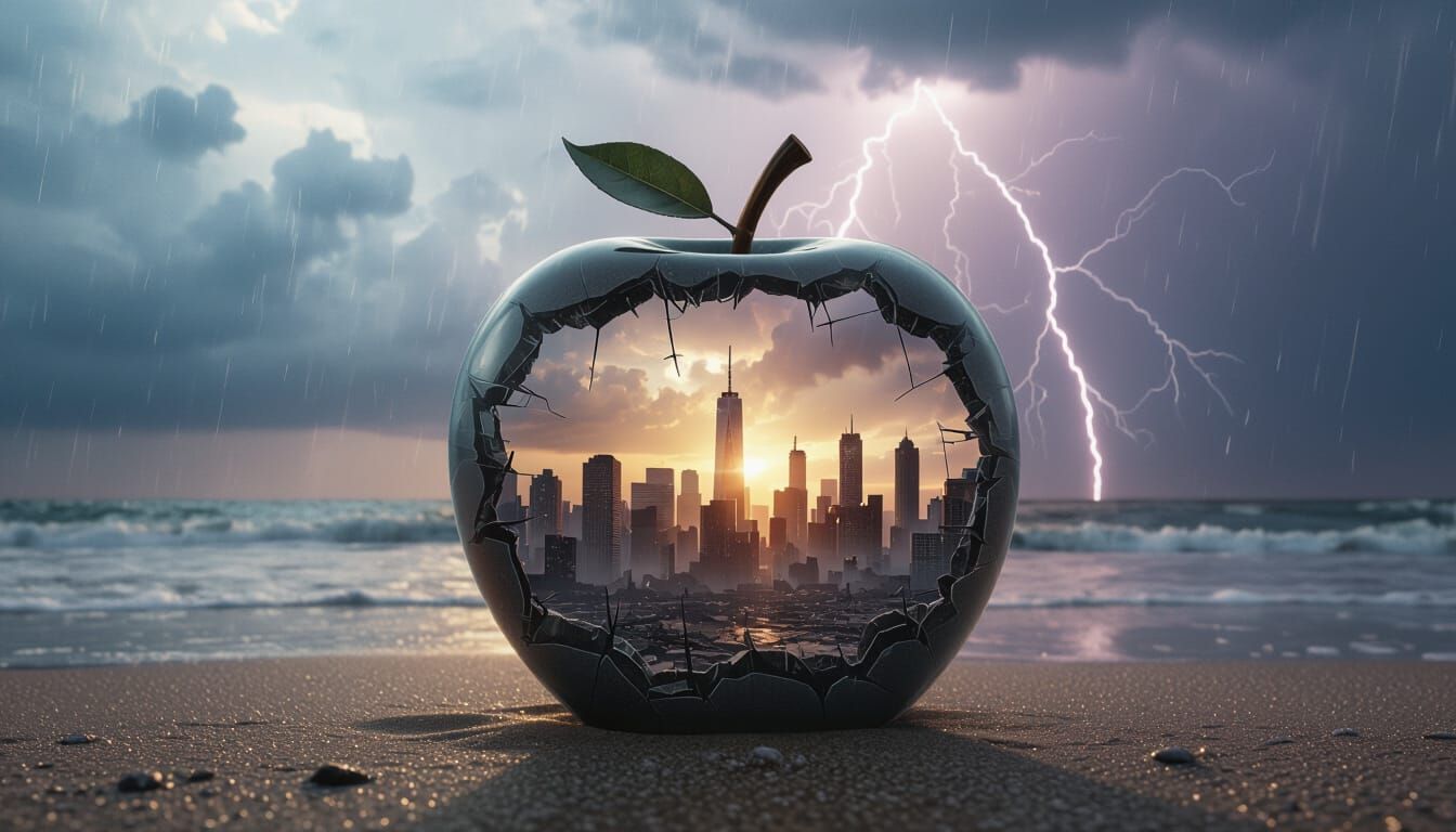 Glass Apple City on Beach Under Stormy Sky