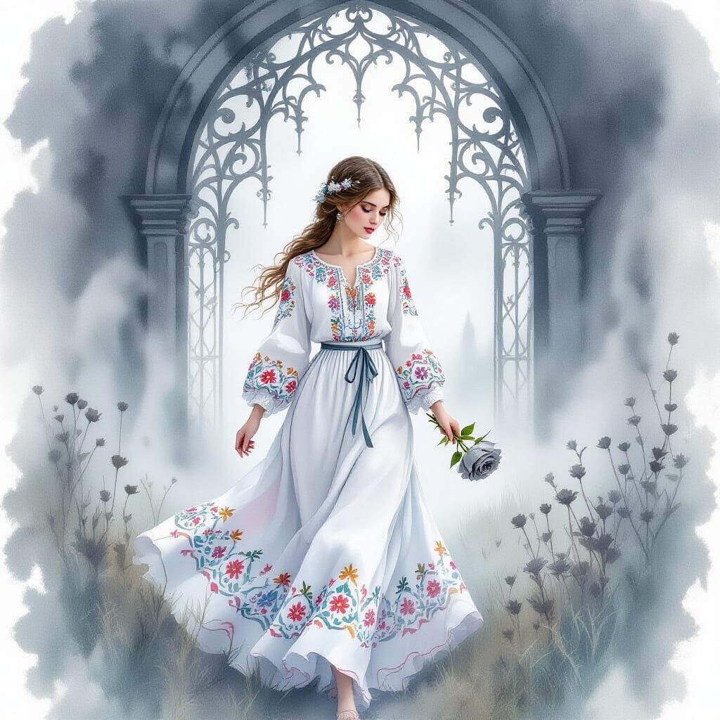 Ukrainian Woman in Misty Landscape, Watercolor Illustration