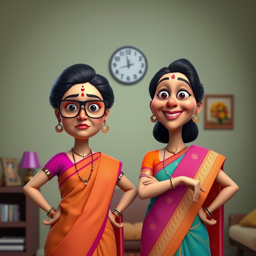 Cheerful Saas Bahu in Pixar-Inspired 3D Art