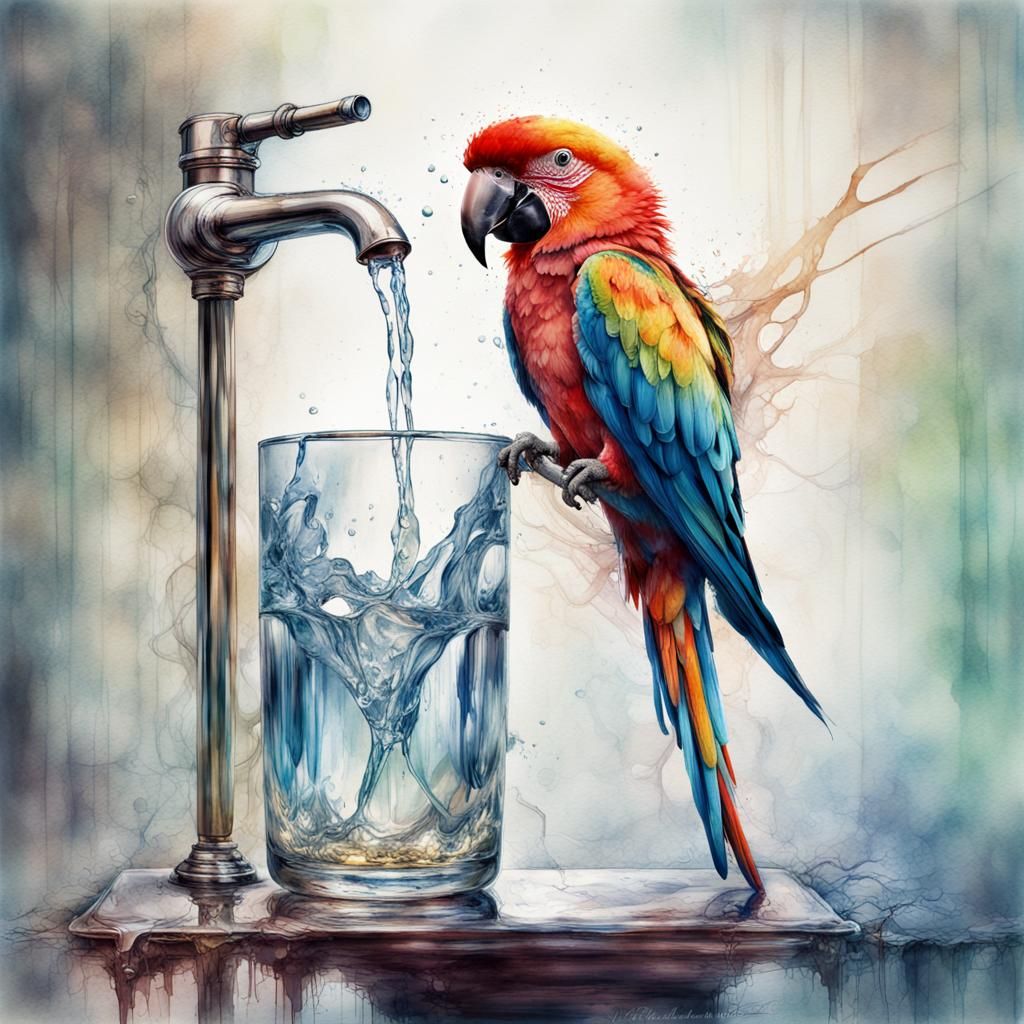 Glass Parrot Drinks: Long Exposure Digital Watercolor