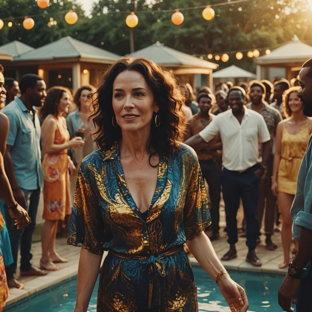 Vibrant Poolside Party at Golden Hour in Cinematic Style