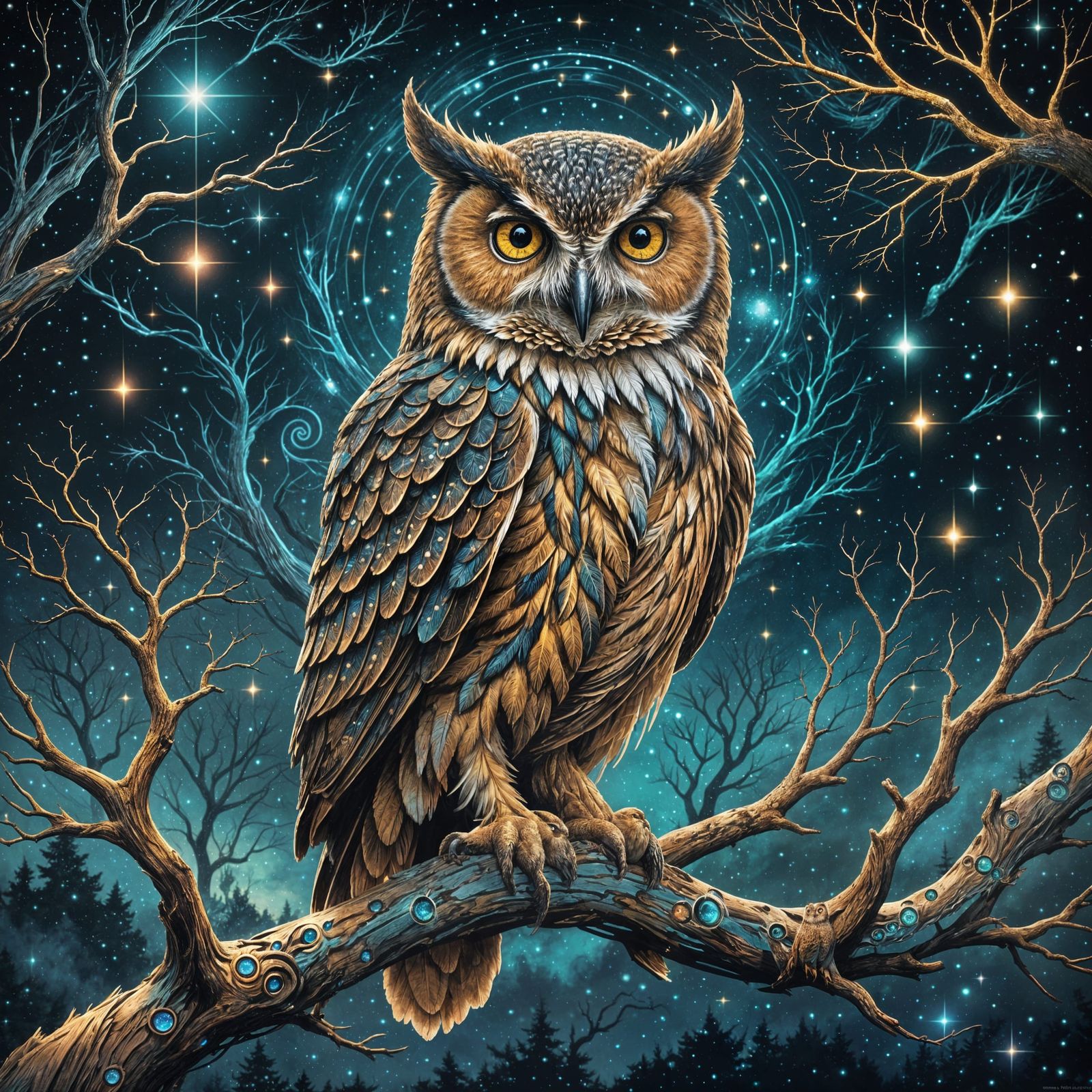 Starlight Owl Perched on Ancient Tree in Digital Painting