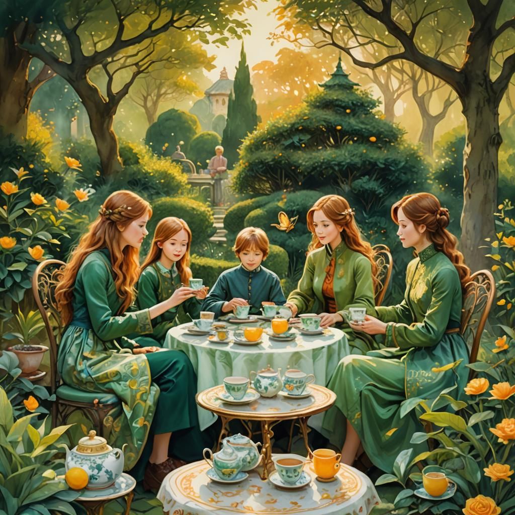 Family Tea Party in Whimsical Garden Art