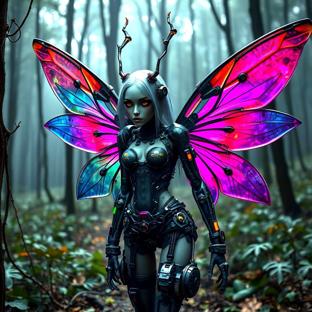 Cybernetic Fairy with Colorful Wings in Cyberpunk Forest