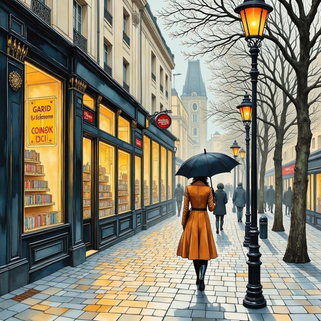 Romantic Parisian Street Scene in Watercolor Style