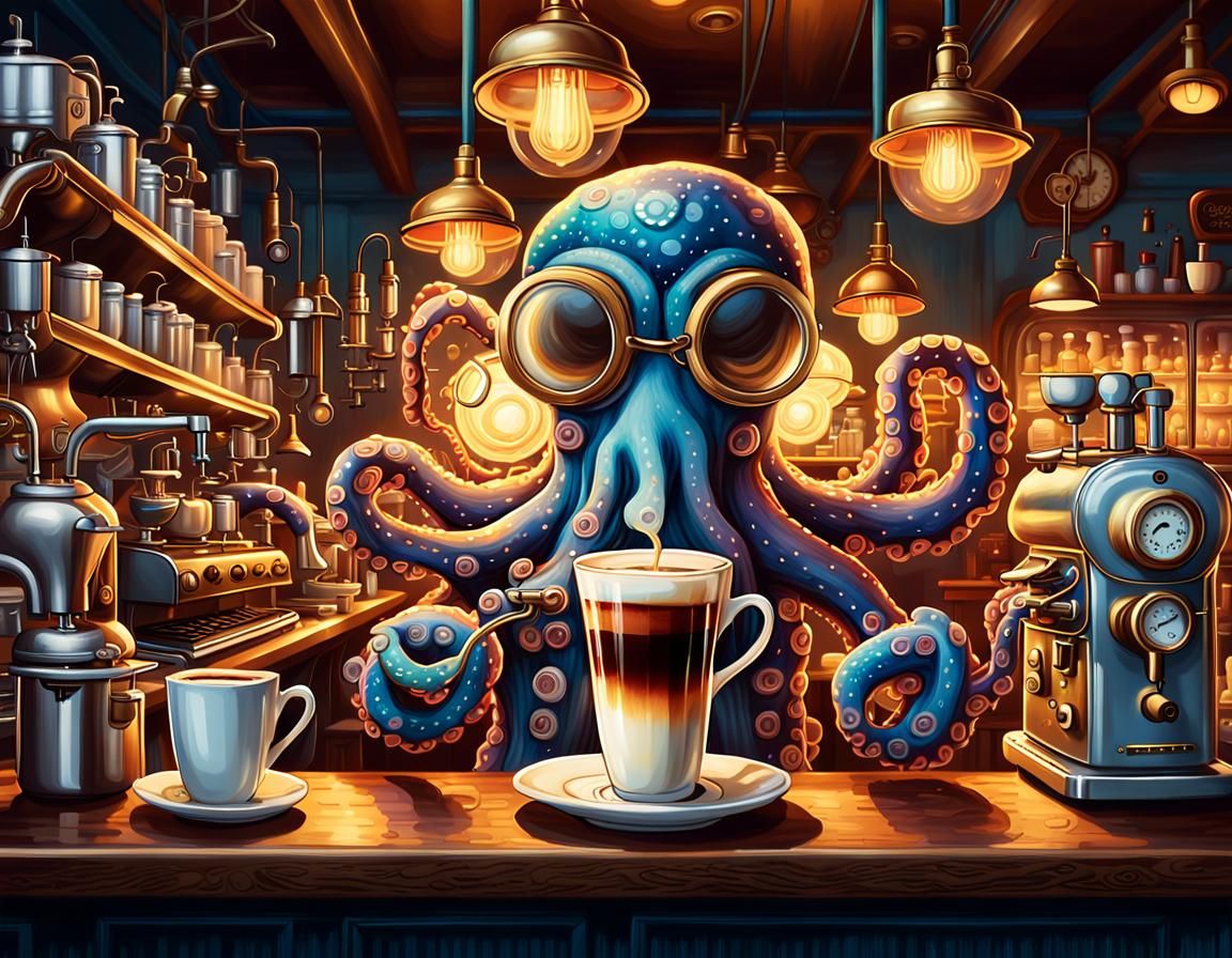 Octopus Barista in Steampunk Coffee Shop Illustration