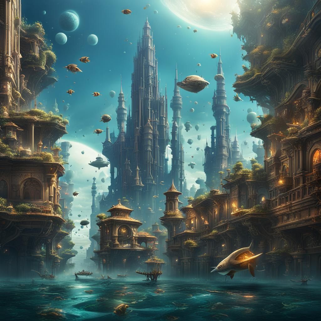 Underwater City with Rocket, Fantasy Concept Art