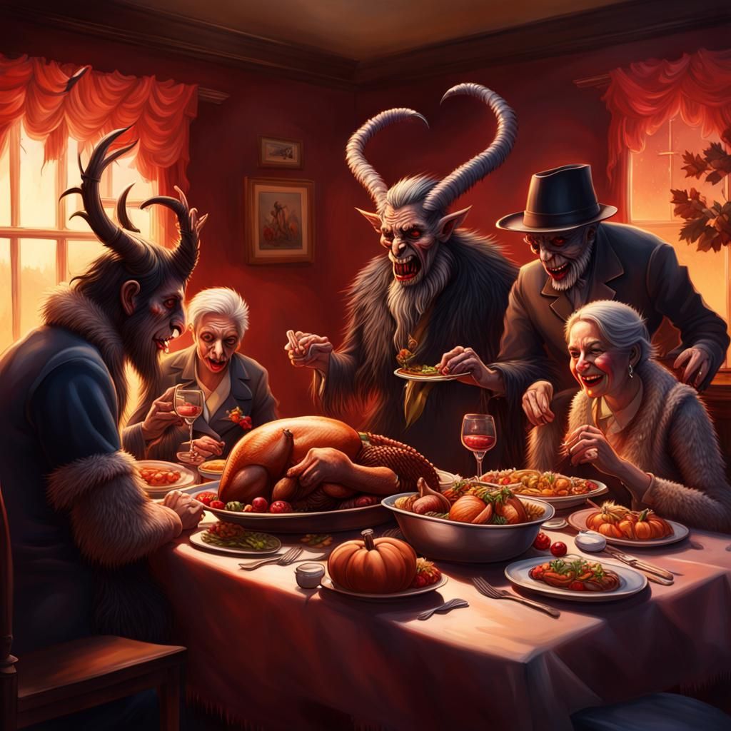 Hyperrealistic Krampus Family Thanksgiving Dinner