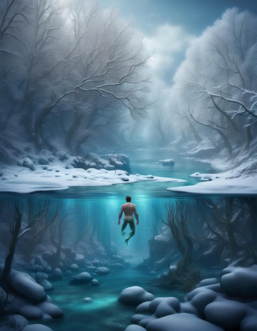 enchanting underwater scene of a frozen winter river