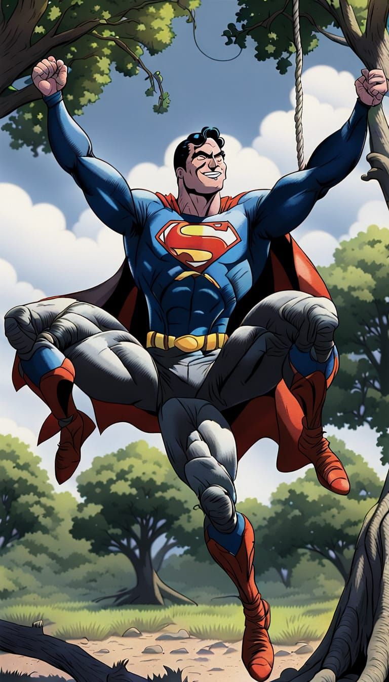 FAIL: A rope wrapped around Superman's ankles suspends him upside down from a tree limb. Batman sits on the ground and l...