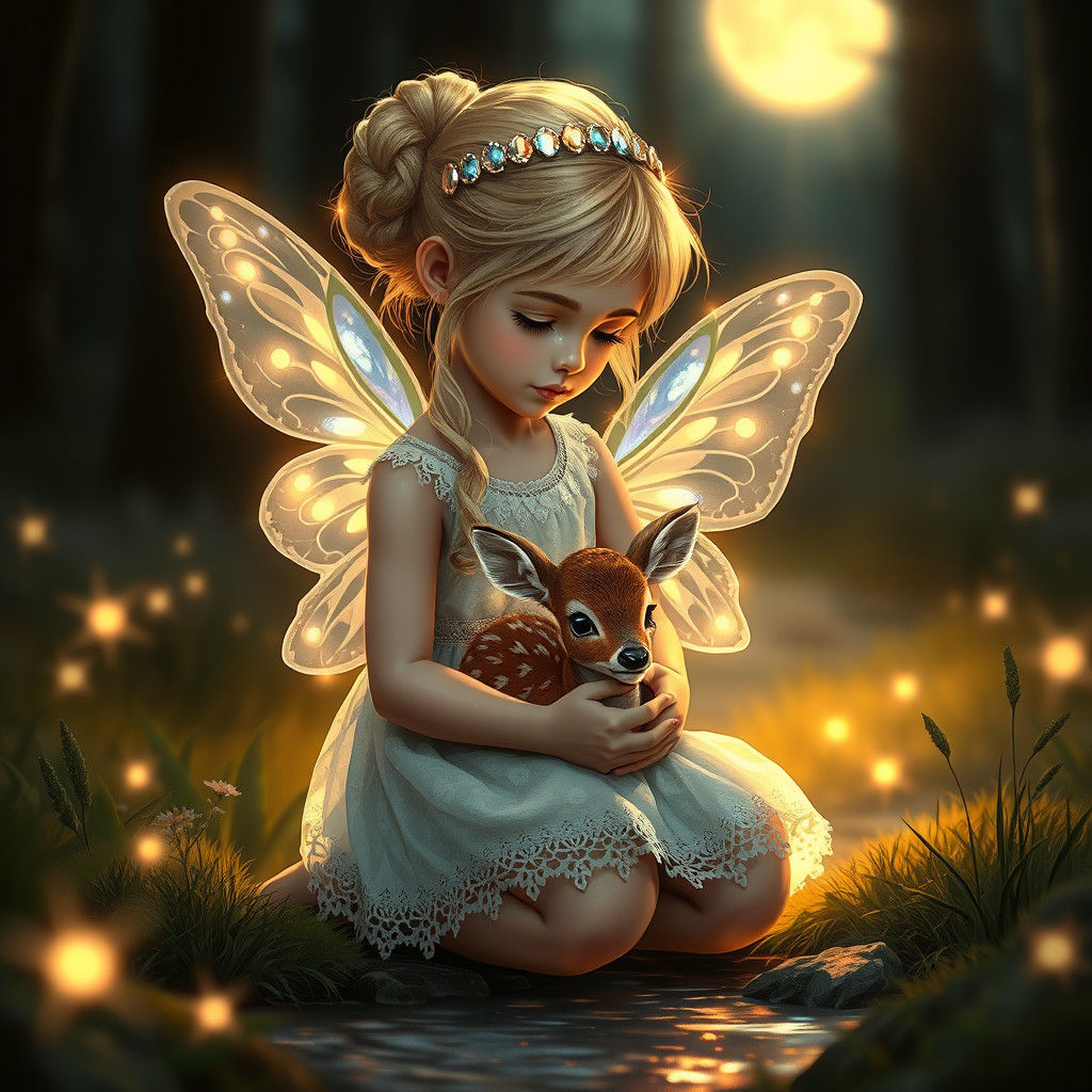 Enchanting Woodland Glade: Girl with Deer in Moonlight