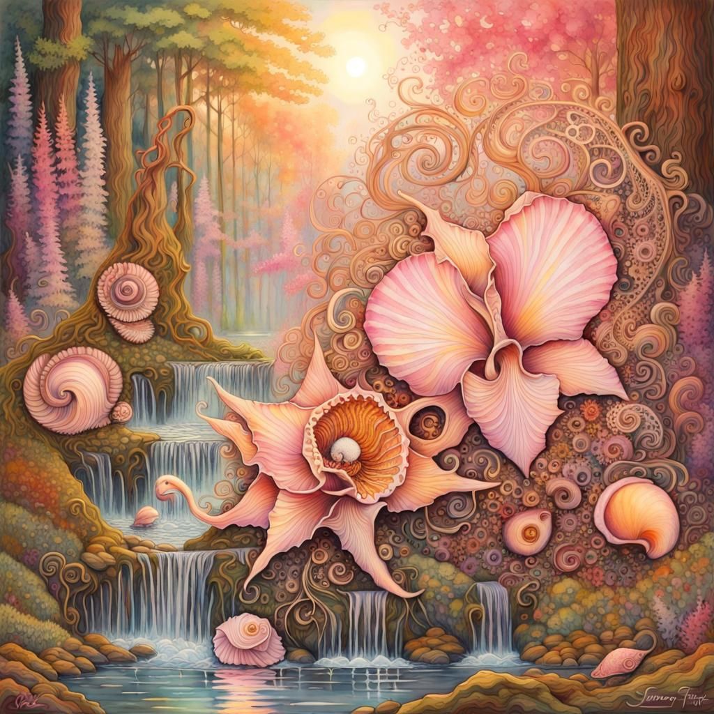 3D Shell Orchids in Klimt-Style Magical Forest