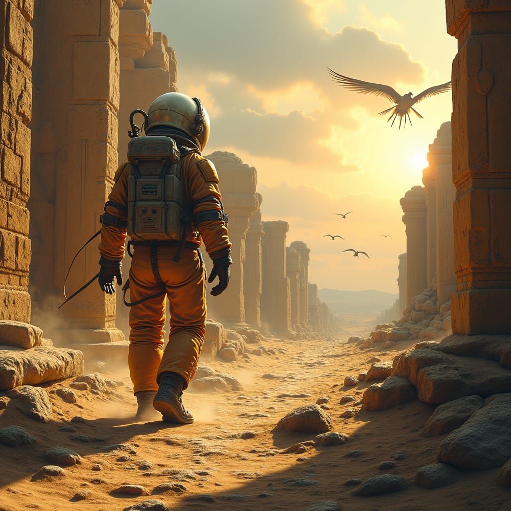 Astronaut Explores Ancient Ruins at Sunrise: Digital Art