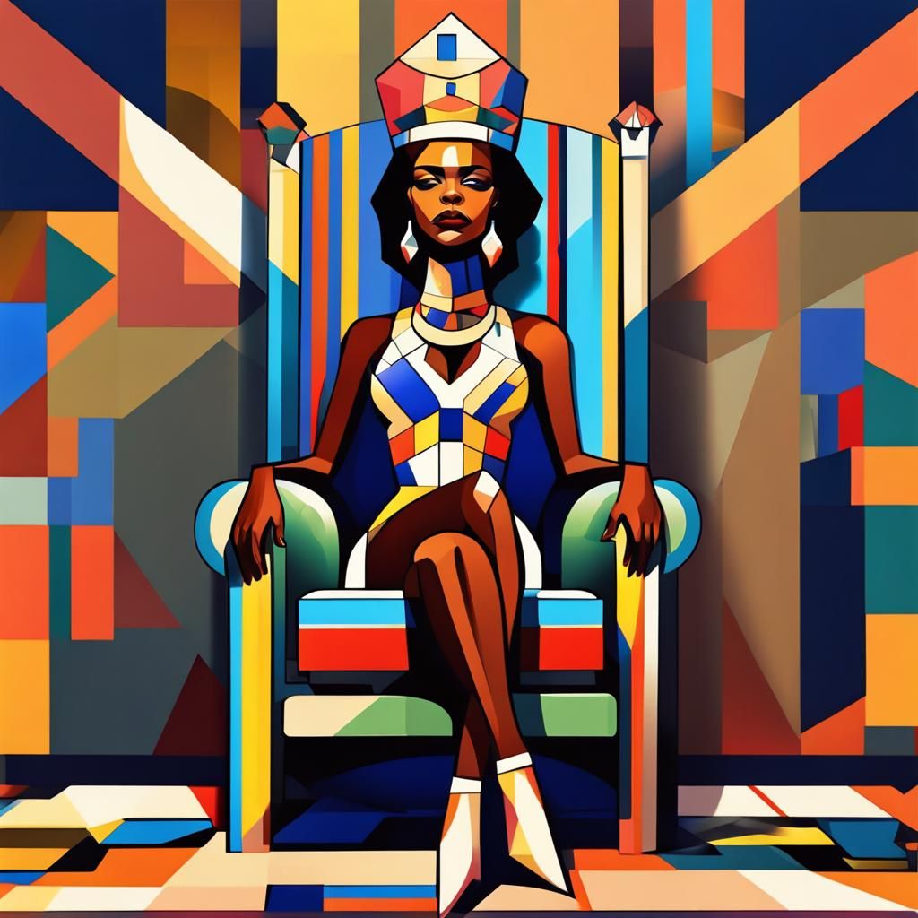 African Queen on Throne in Cubist Art Deco Style