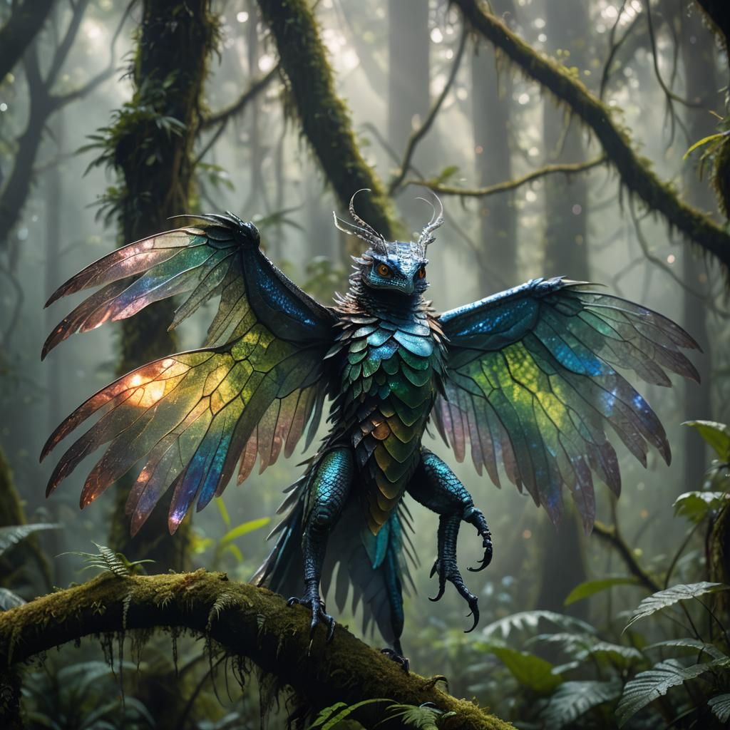 Iridescent Scaled Creature in Misty Rainforest