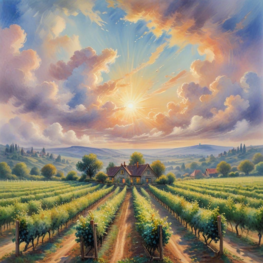 Ethereal Vineyard in the Sky: A Watercolor Fantasy
